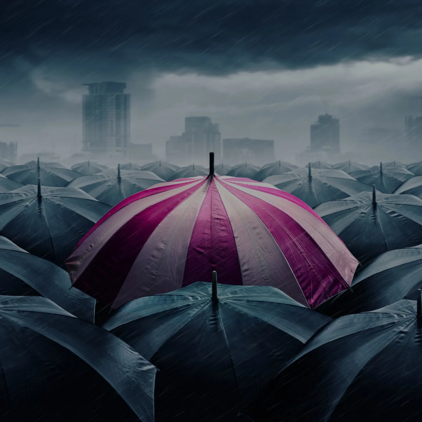 Pink and white umbrella with dark stormy clouds. Concept for success.