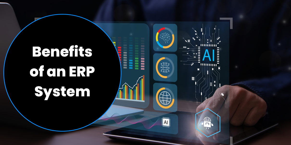 Graphics of different data with an AI symbol next to them, representing the benefits of an ERP system with AI.