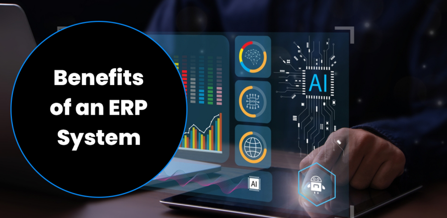 Graphics of different data with an AI symbol next to them, representing the benefits of an ERP system with AI.